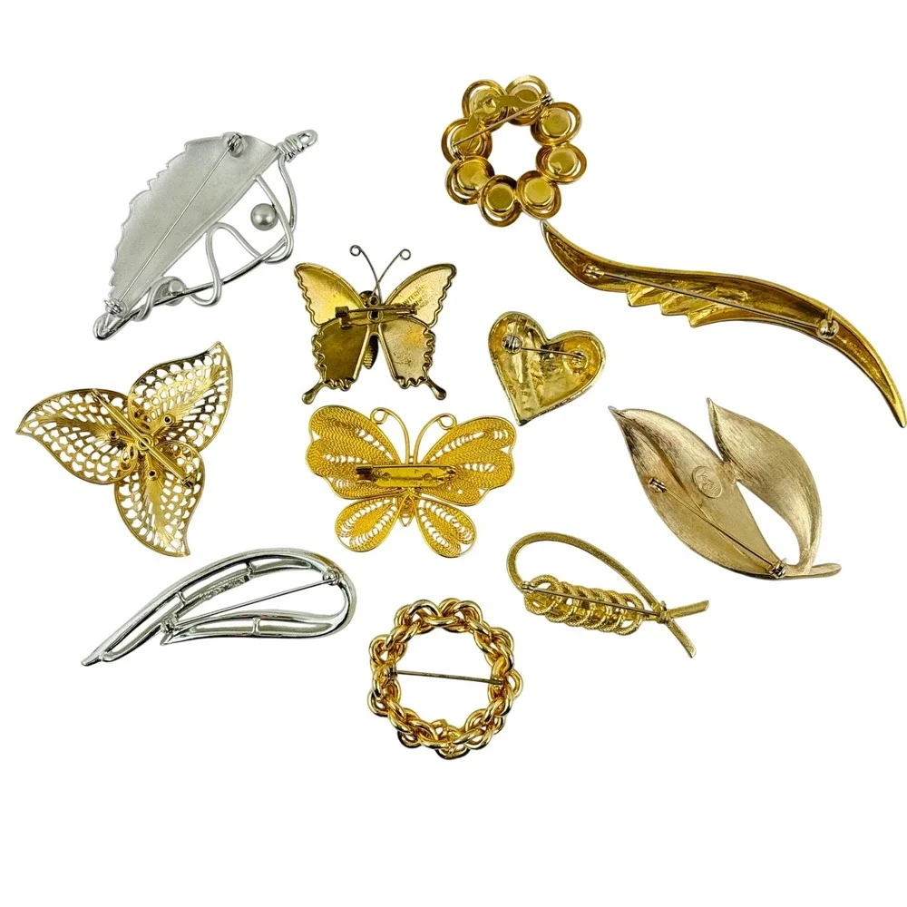 Vintage Brooch Pin Lot 10pc Trifari Monet Gold Silver Tone‎ Butterfly Leaf Heart
